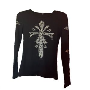 Women’s black fitted affliction cross heart long sleeve tee